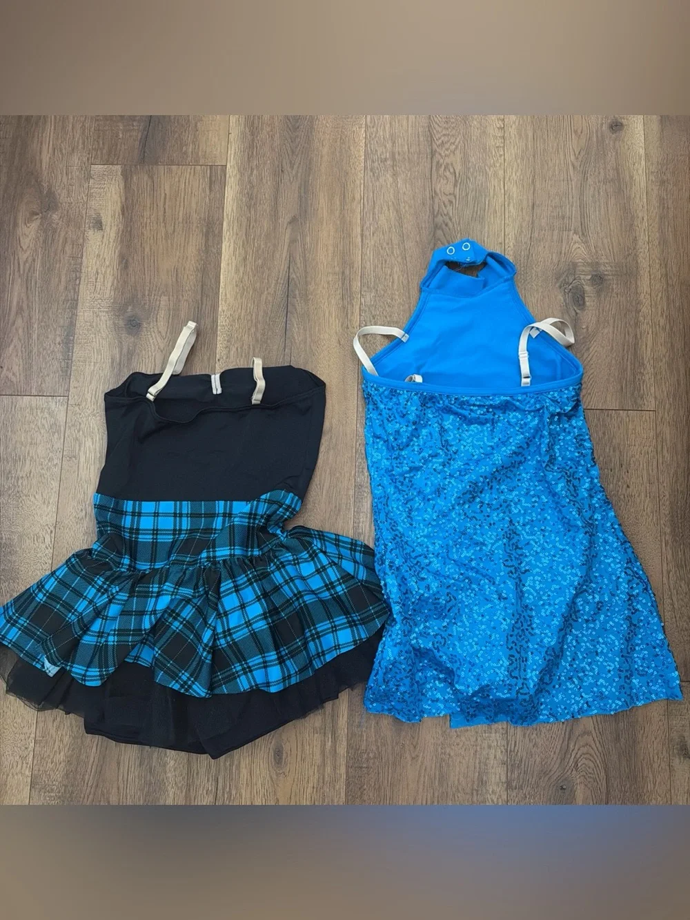 Blue Sequin Halter Dress & Black Top with Blue Plaid Skirt Duo Dance Costumes